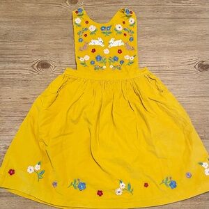 Yellow Embroidered Floral Rabbits Corduroy Cross Back Pinnie